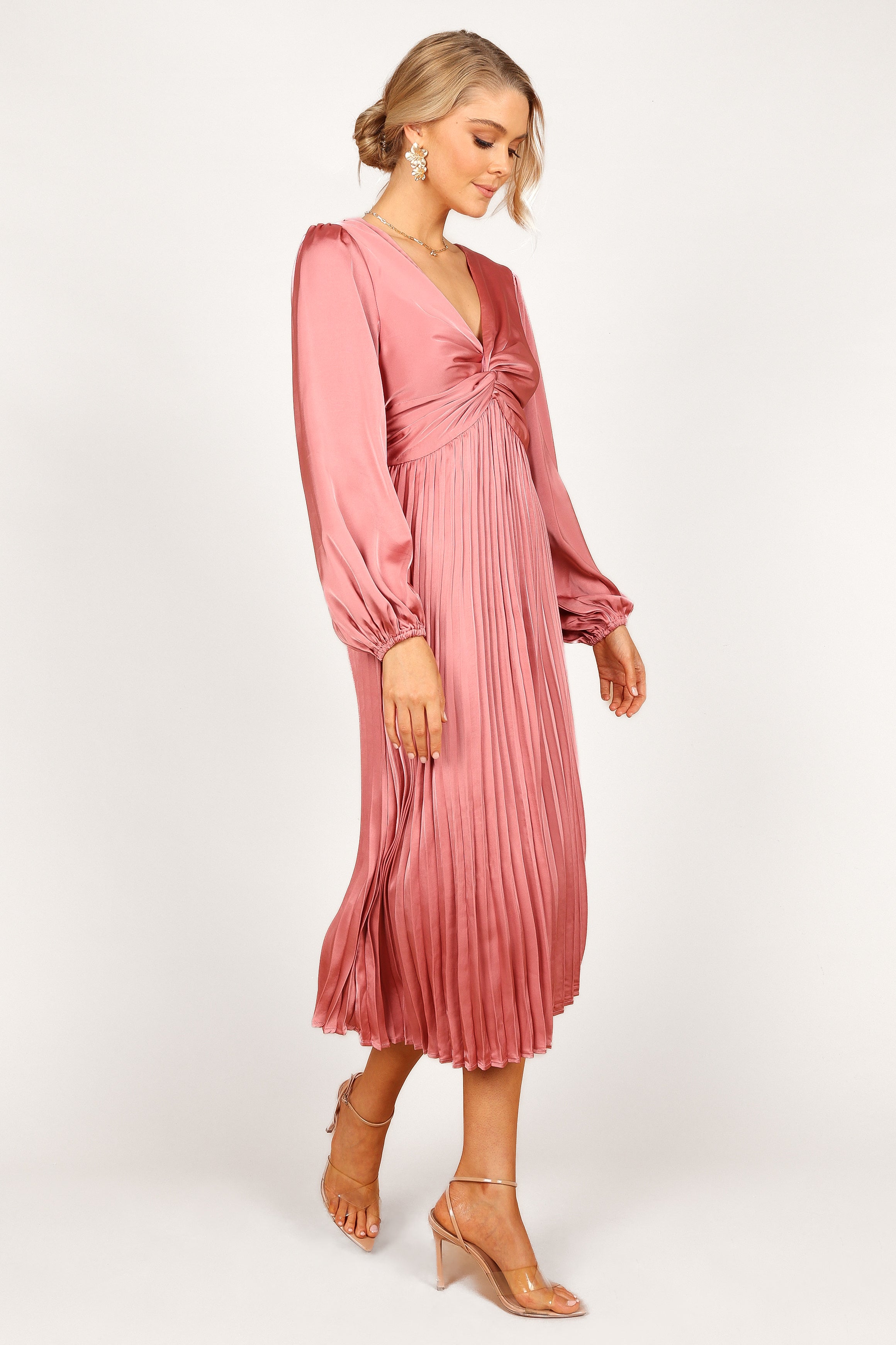 Noelle Twist Front Pleated Midi Dress - Blush