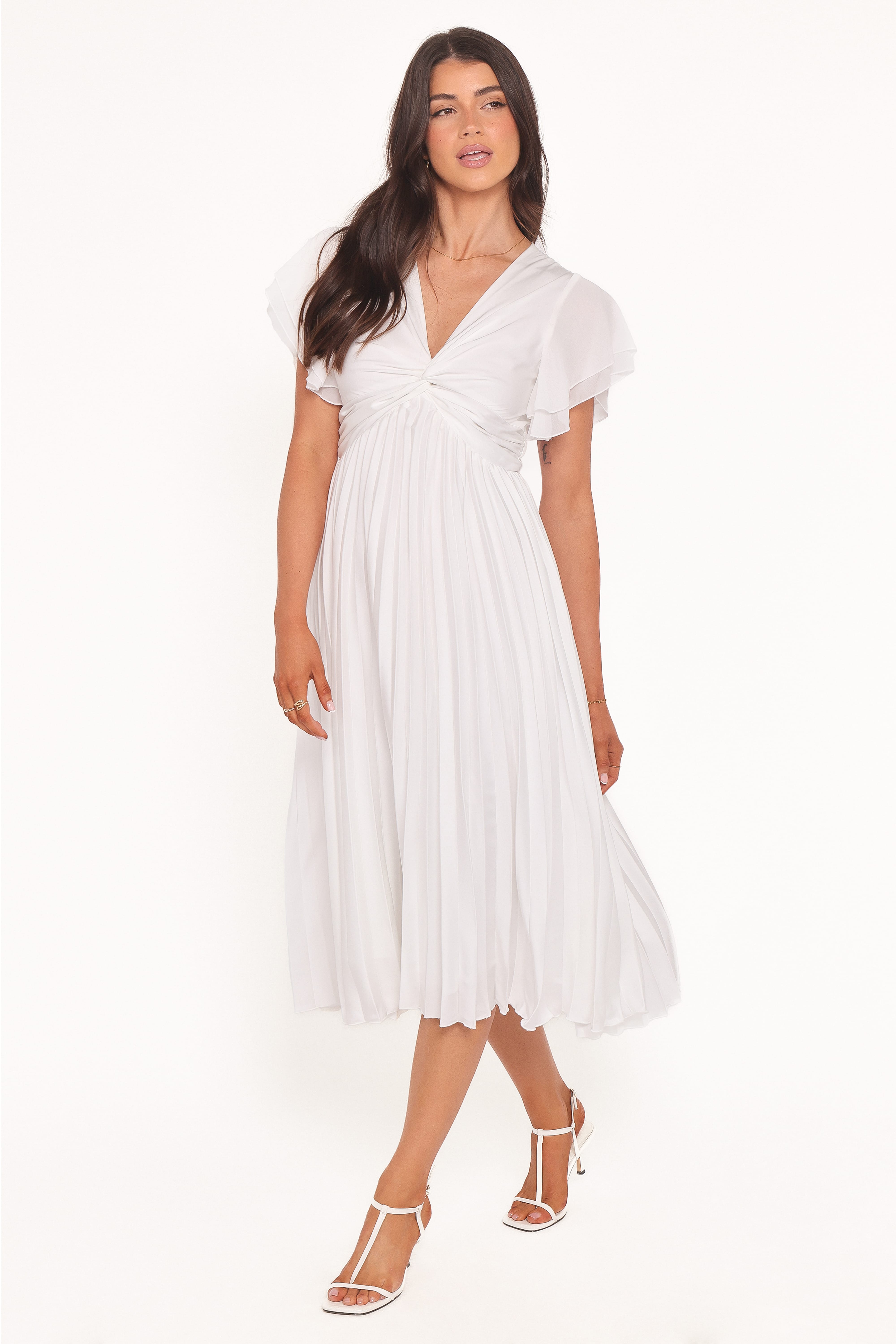 Nova Flutter Sleeve Midi Dress - White