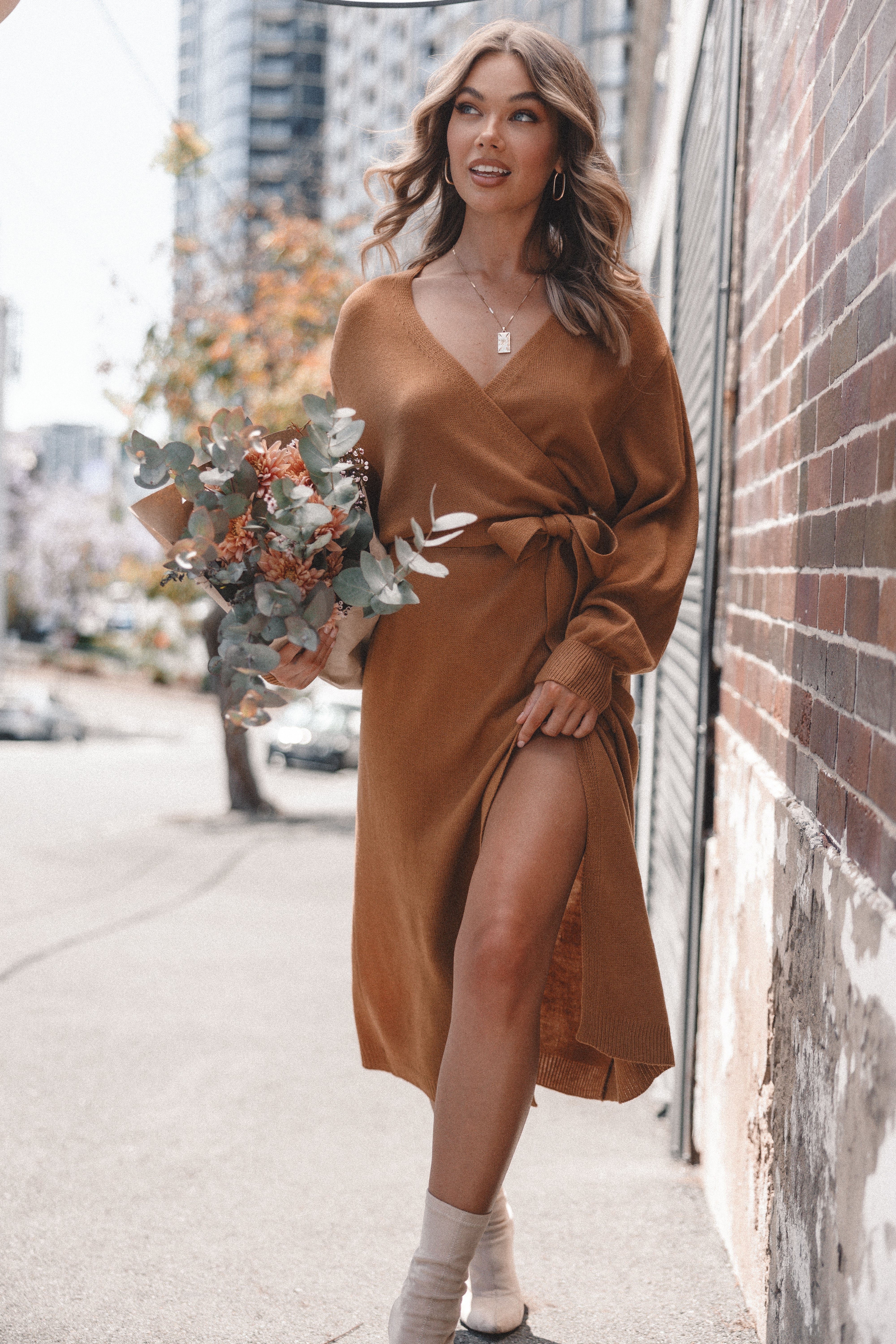 Nova Wrap Knit Midi Dress - Camel