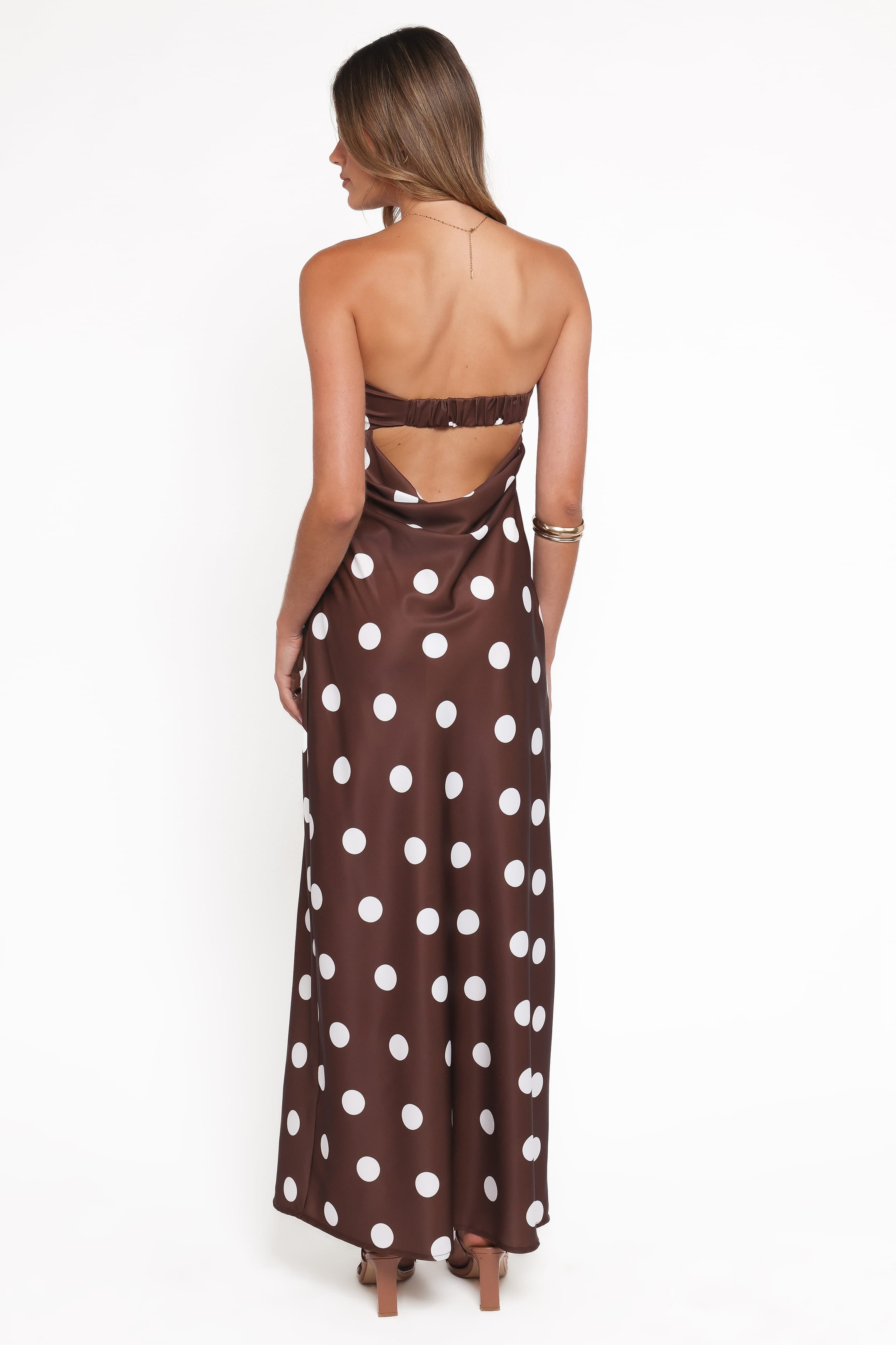 Remmie Strapless Maxi Dress - Brown Polka Dot