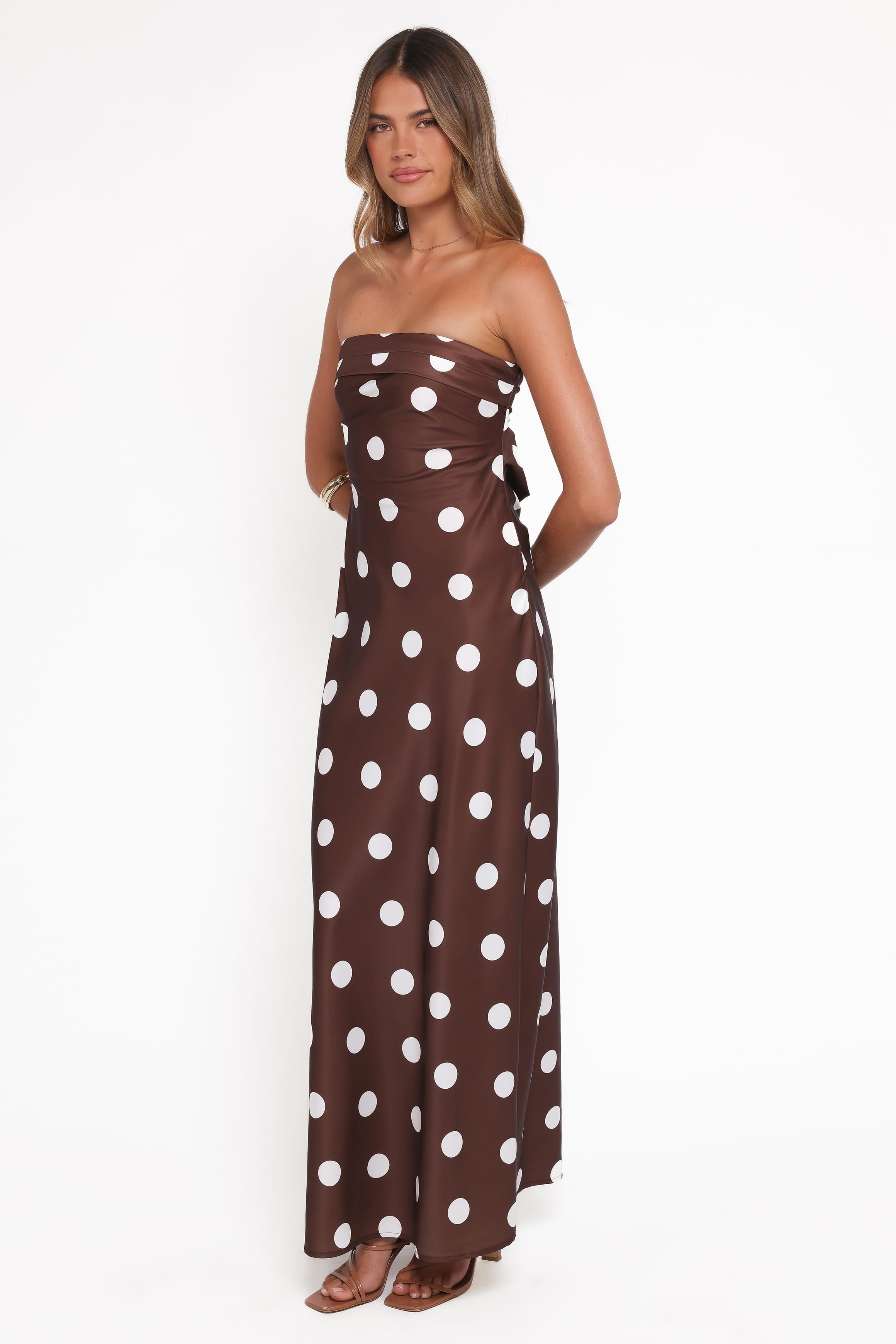 Remmie Strapless Maxi Dress - Brown Polka Dot