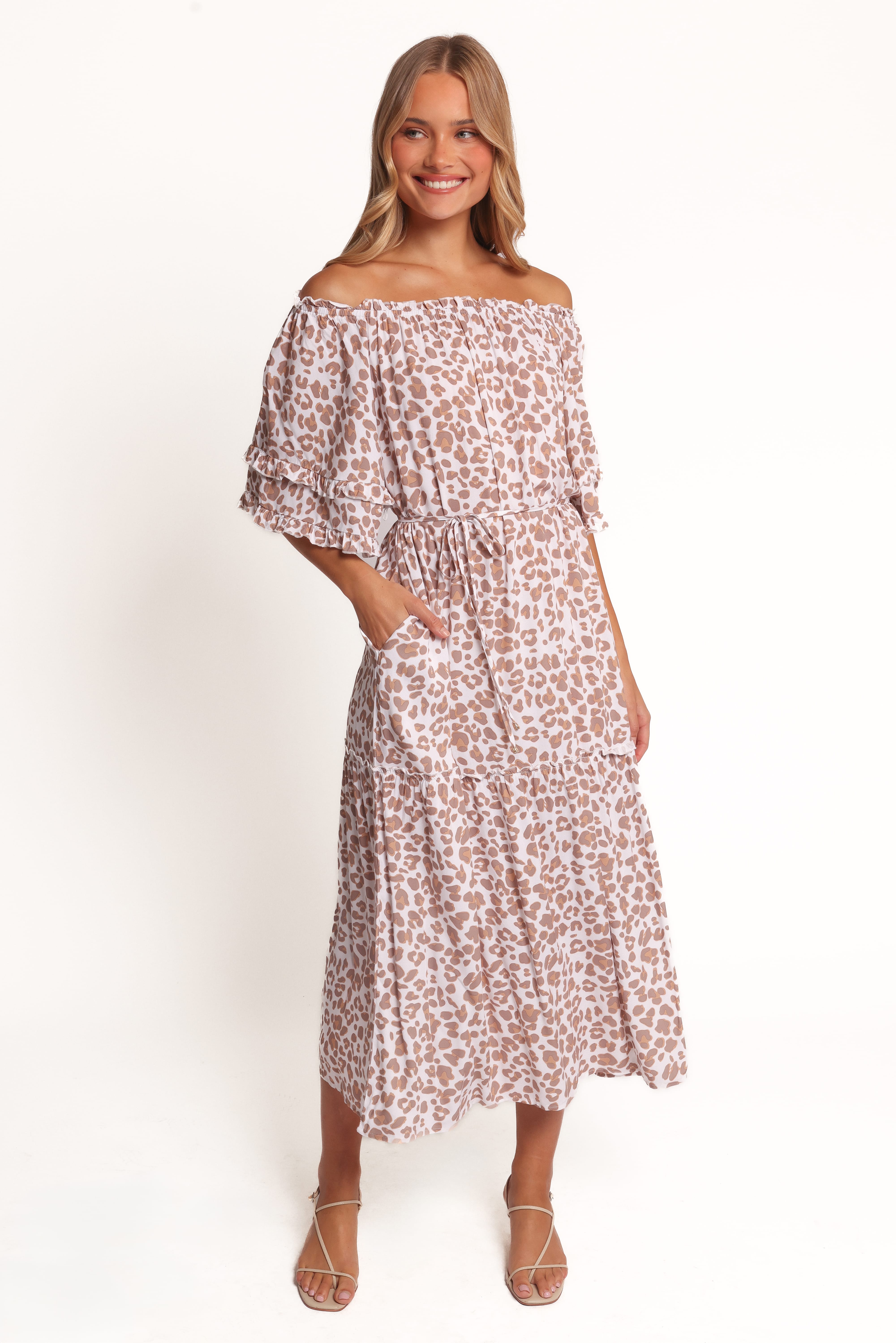 Rhody Off Shoulder Maxi Dress - White Leopard