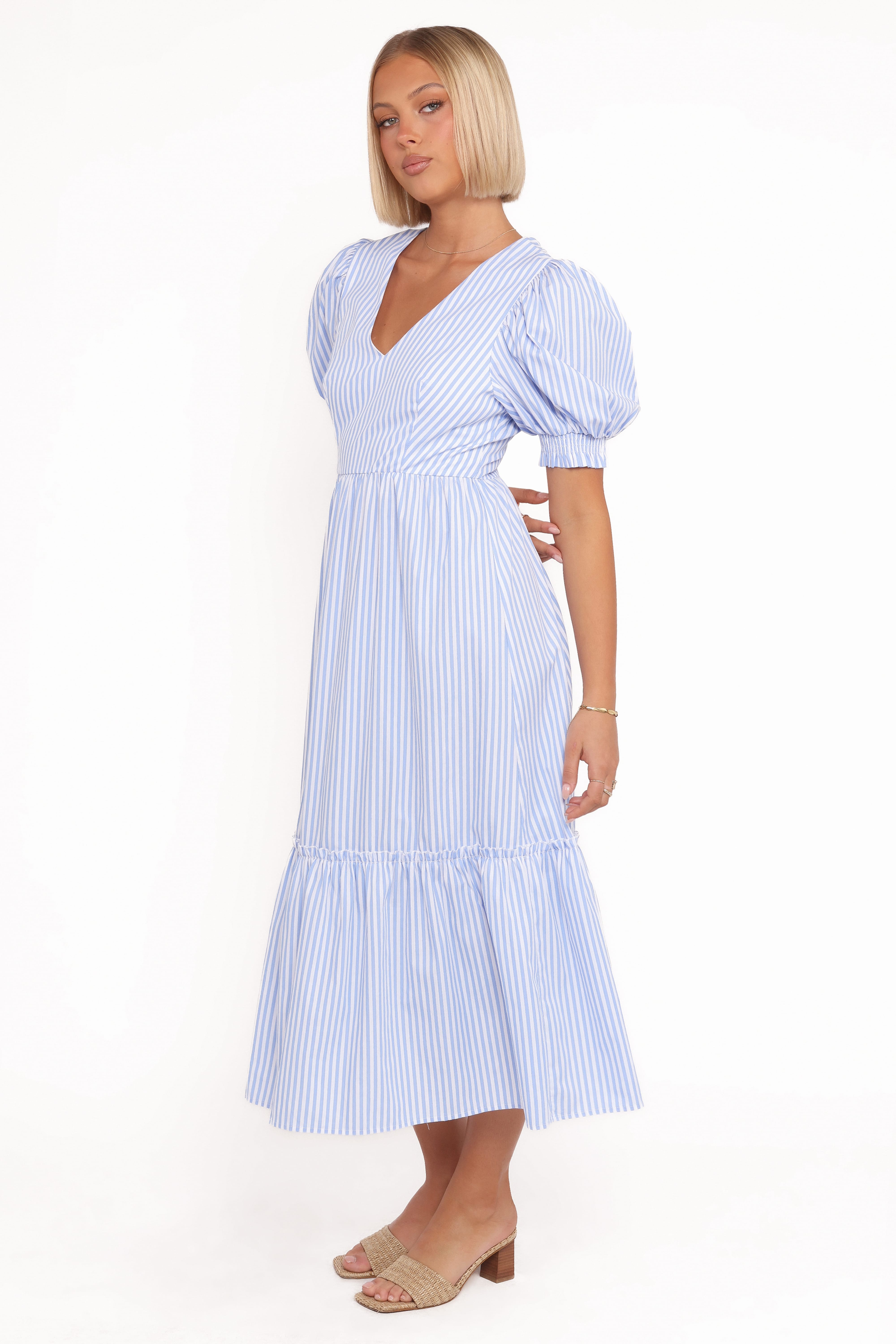 Steele Puff Sleeve Midi Dress - Blue Stripe