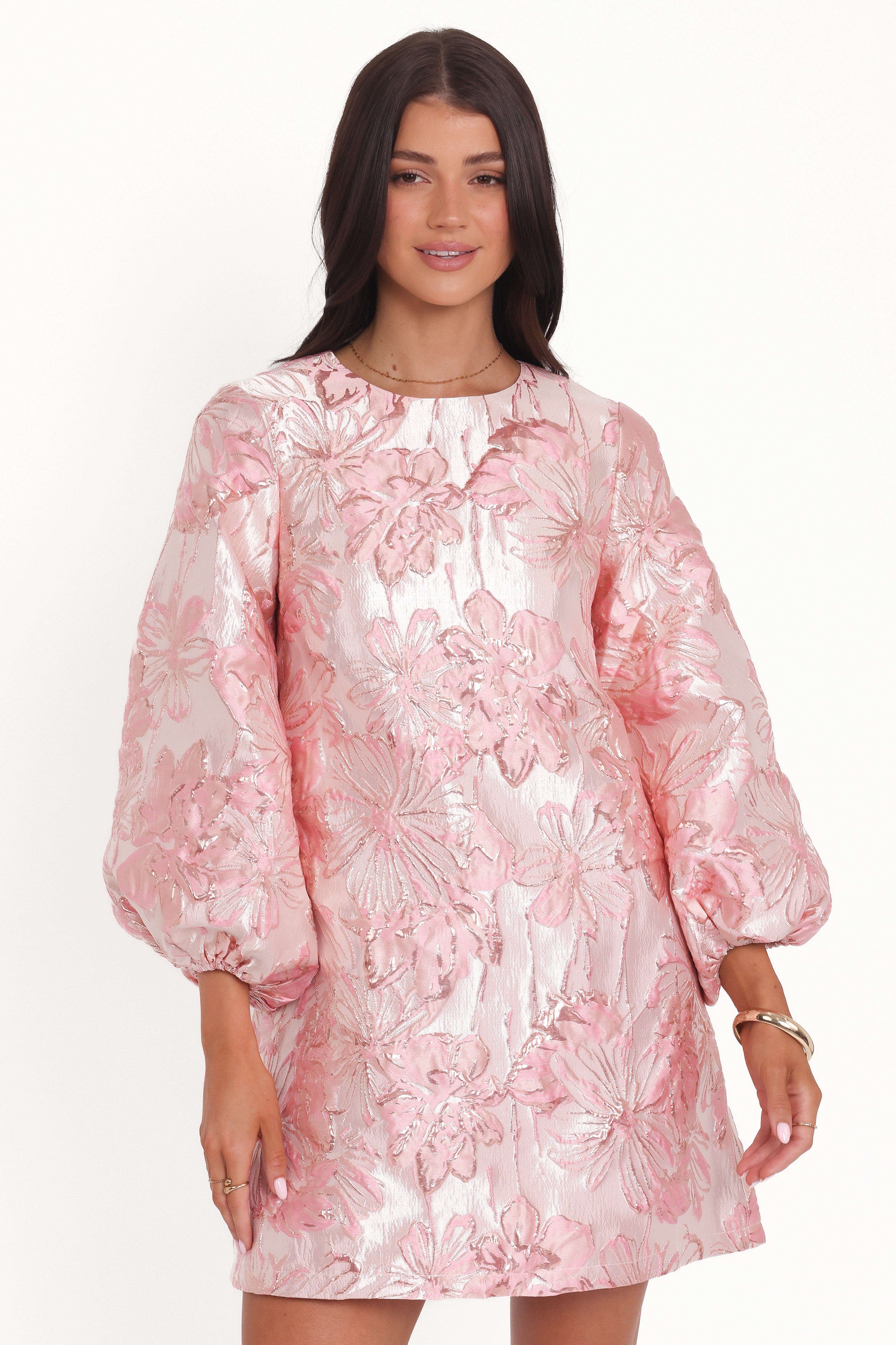 Treloar Long Sleeve Mini Dress - Pink Brocade