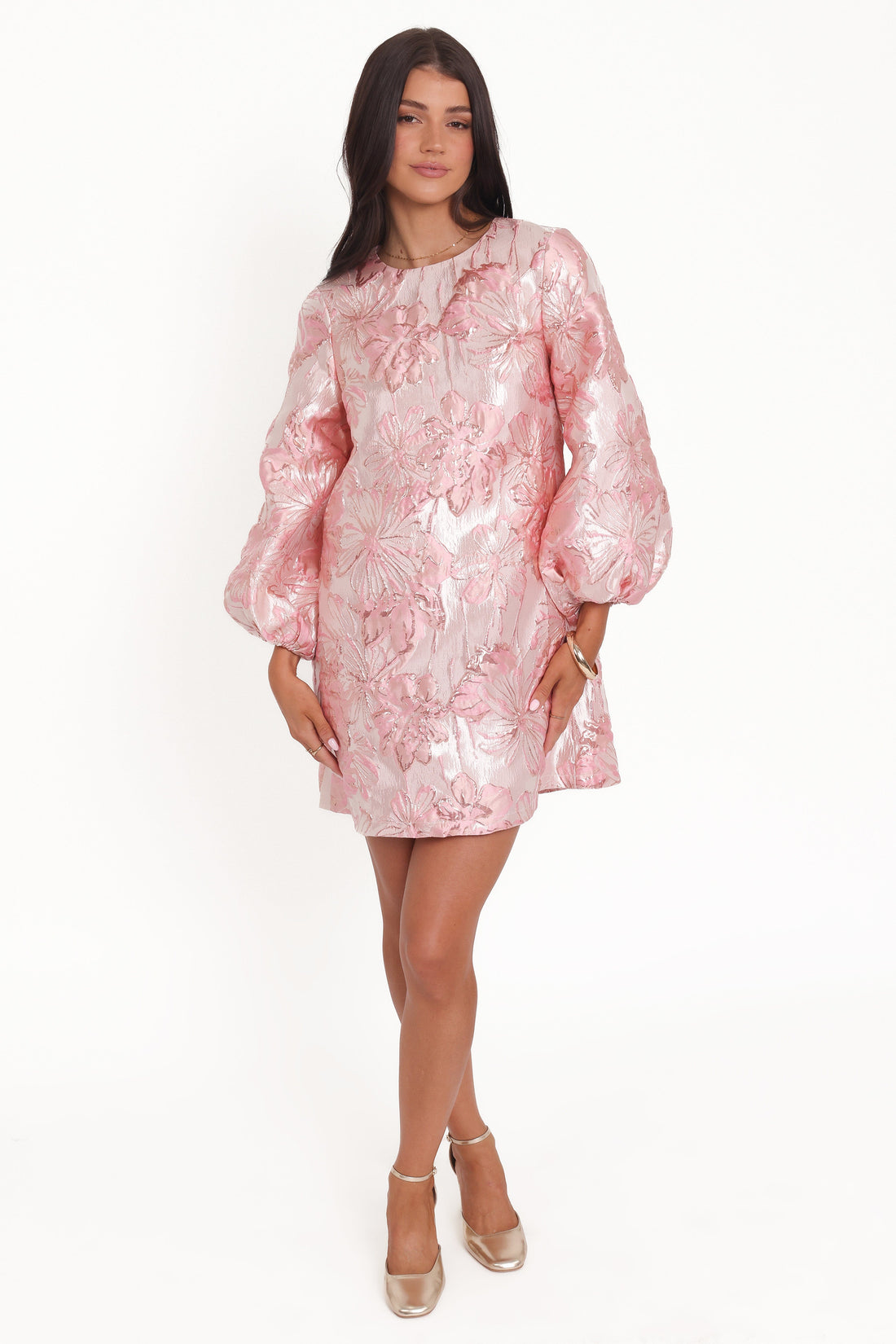 Treloar Long Sleeve Mini Dress - Pink Brocade